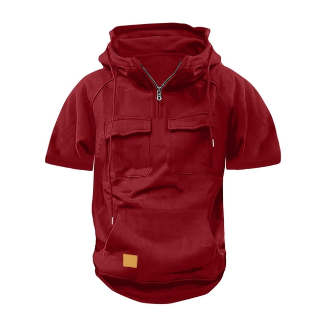 Men Solid Multi-pocket Short Sleeve Cargo Pullover Hoodies Workout Outdoor Sweatshirt(Red,S)