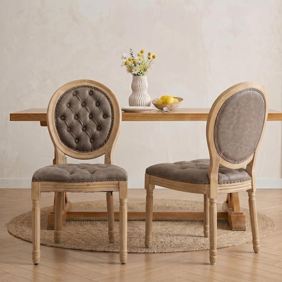 Vintage French Country Dining Chairs Set of 2, PU Leather Dining Chairs with Solid Wood Legs, Brown Upholstered Dining Chair, Sillas para Comedor, Kitchen & Dining Room Chair (Brown, 2Pcs)