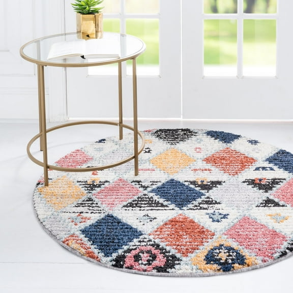 Rugs.com Morocco Collection Rug – 4 Ft Round Multi High-Pile Rug Perfect For Kitchens, Dining Rooms