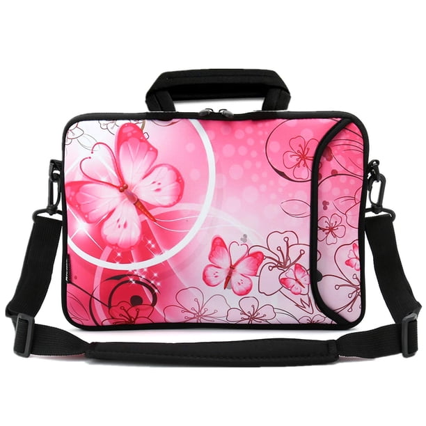 Richen 14 15 15.4 15.6 Pulgadas Bolso Bandolera Para Computadora Portátil Funda Con Asa Para Computadora Portátil Estuche De Viaje Suave De Neopreno Con Bolsillo Para Accesorios (Mariposa Rosa De 14-1