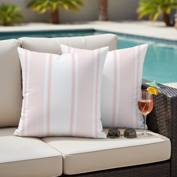 Light Pink Striped Outdoor Waterproof Throw Pillow Covers Set of 2, 26"x26", Minimalist Stripes Farmhouse Modern Natural Decorative Pillow Covers Outside Cushion Case for Patio Porch Garden