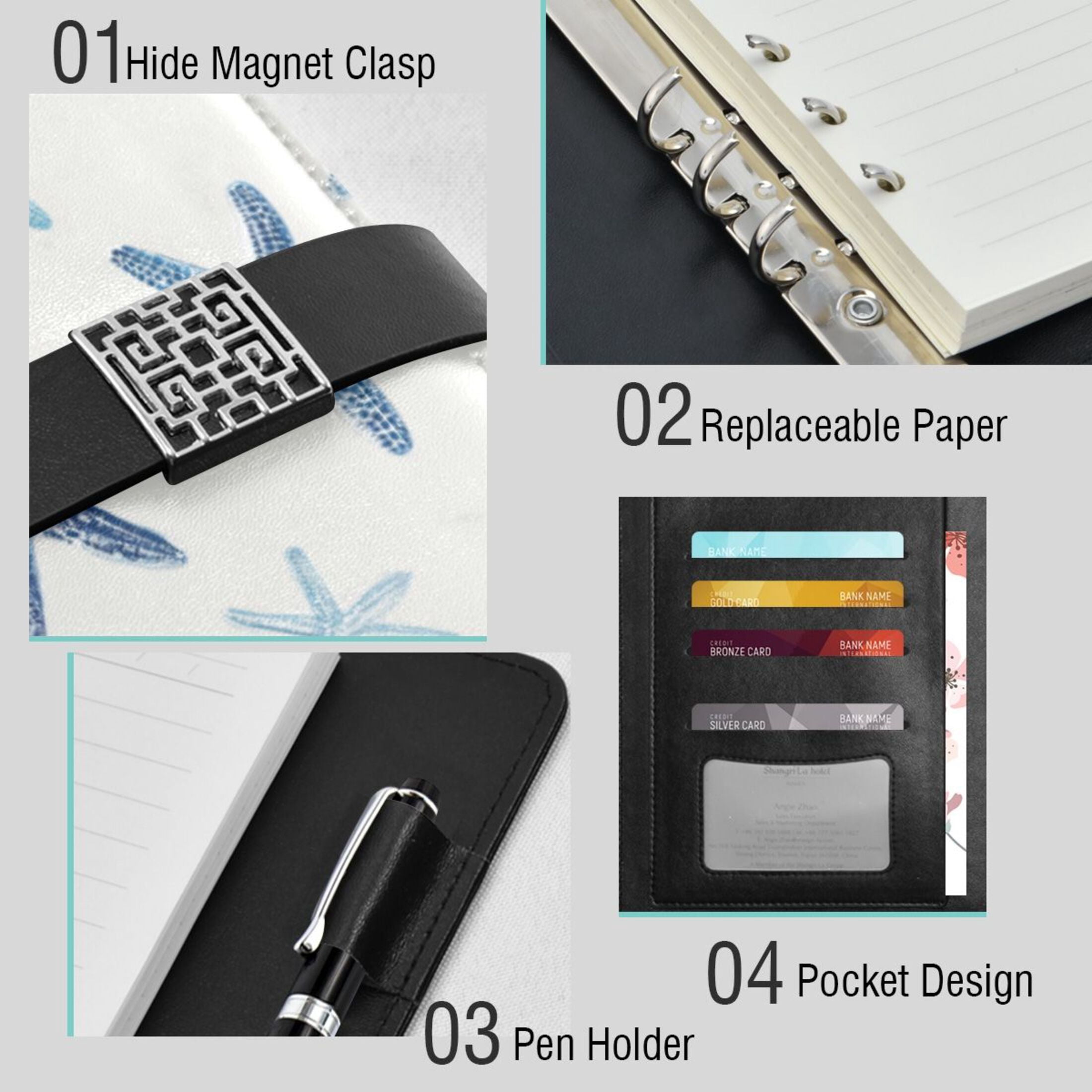 Leather Planner Leather Notebook Notebook Journal Binder Design Pen Pocket Design Convenient for Storage Blue Sea Sar