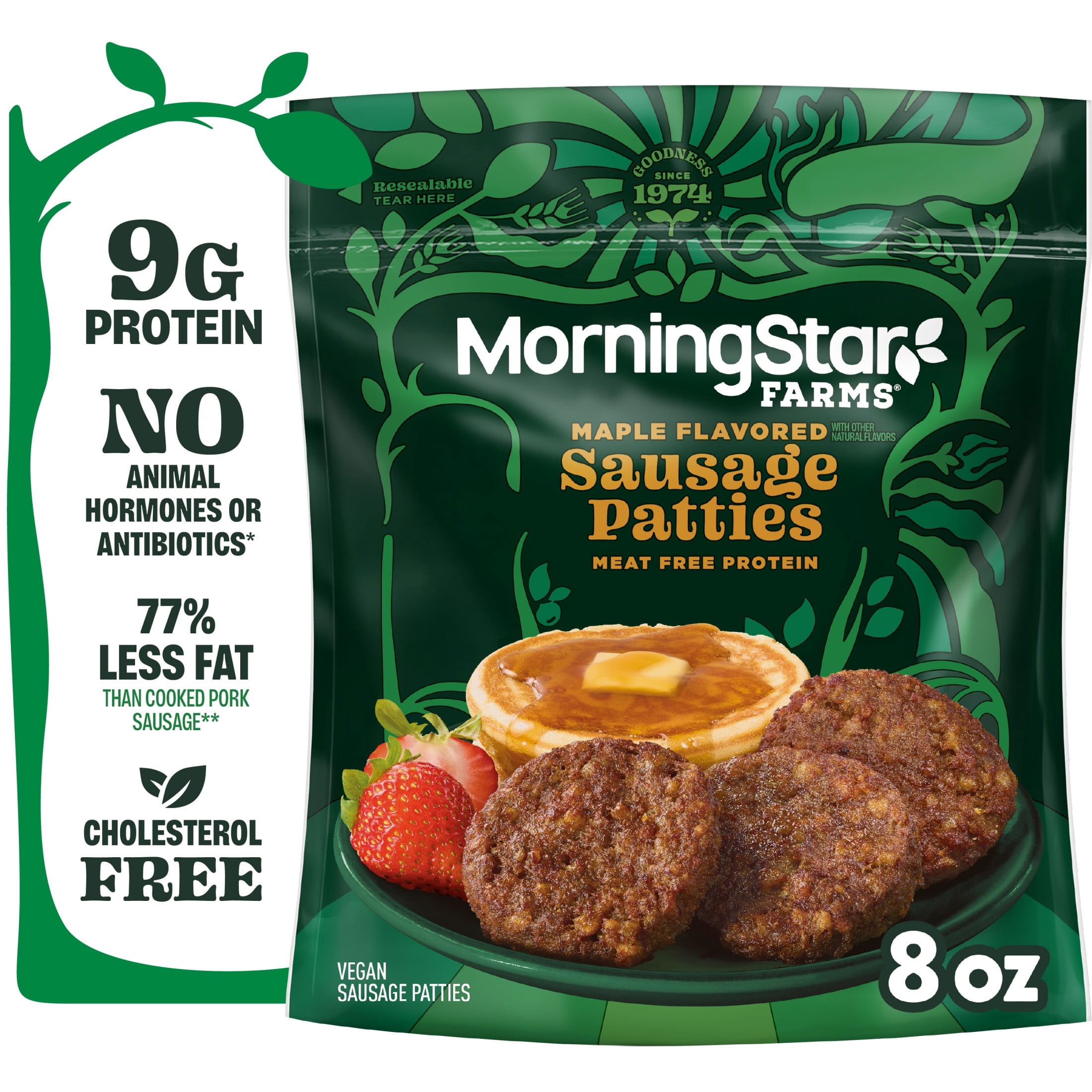 MorningStar Farms Veggie Breakfast Maple Flavored Plant Based Sausage Patties, Vegan Sausage, 8 oz, 6 Count Bag