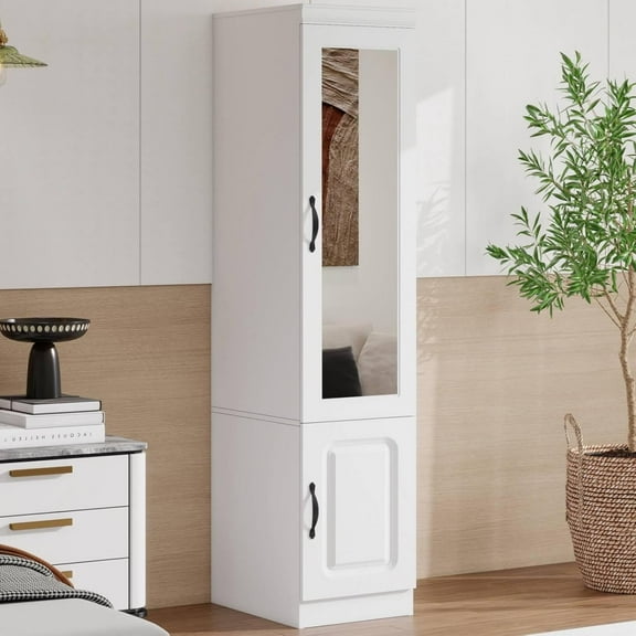 Armoire Wardrobe Closet: Modern 1 Door Small Wooden Bedroom Armoires with Hangingrod Clothes Storage with Shelves White 15.75" L x 20.47" W x 70.87" H