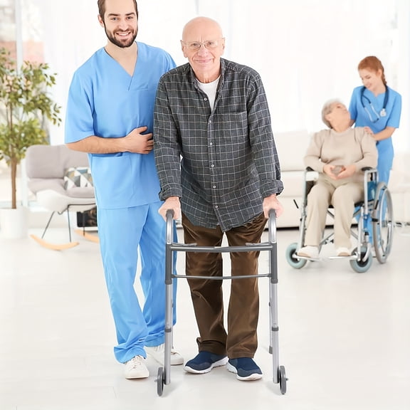 Elderly Person With 5-inch Wheels Uses A Folding Walker, Lightweight Aluminum Golden Rehabilitation Assistive Walking Aid, 8-level Height Adjustable, Maximum Weight Capacity 300 Pounds