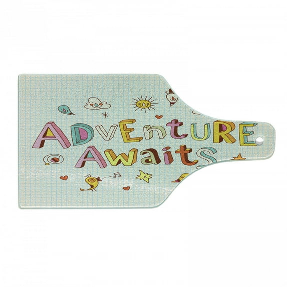 Adventure Cutting Board, Cartoon Style Doodle Words with Little Monsters and Animals Colorful Design, Decorative Tempered Glass Cutting and Serving Board, Wine Bottle Shape, Multicolor, by Ambesonne
