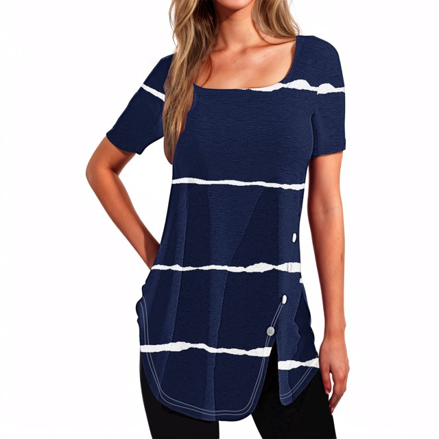 Plebaso Womens Square Neck Short Sleeve Tunic Tops Casual Striped Loose Tshirts Loose Summer Split Shirts