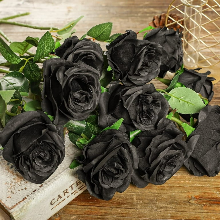 FUNNYFAIRYE 12PCS Halloween Decorations Black Flowers, Artificial Black  Roses, for Wedding Party Office Home Decor (Black)