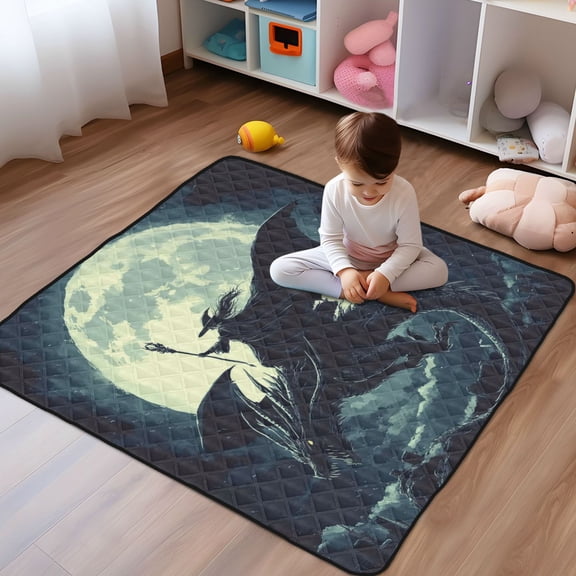 WOBOGO Witch and Black Dragon Baby Playmats Extra Large Waterproof Rollable Activity Pads for Toddlers 50×50inch