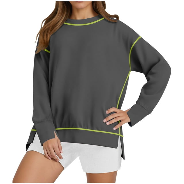 HAiming Womens Long Sleeve Oversize Sweatshirt Casual Crewneck Pullover Color Block Side Split Tops
