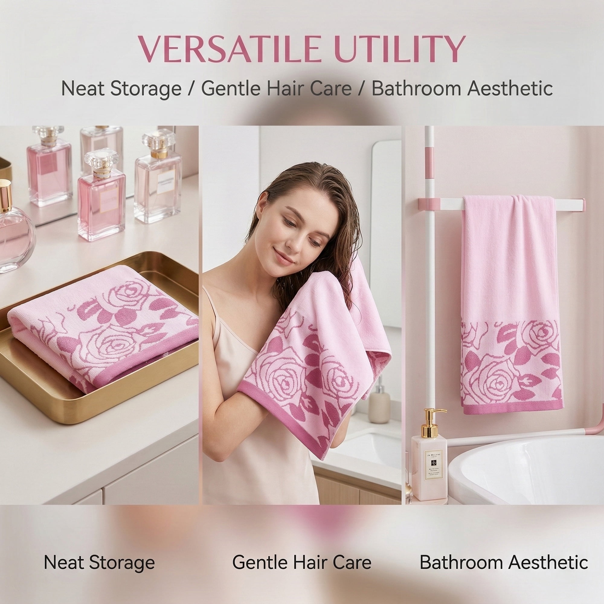 Unique Bargains 2 Pack Pure Cotton Rose Jacquard Hand Towels Pink 29" x 13"