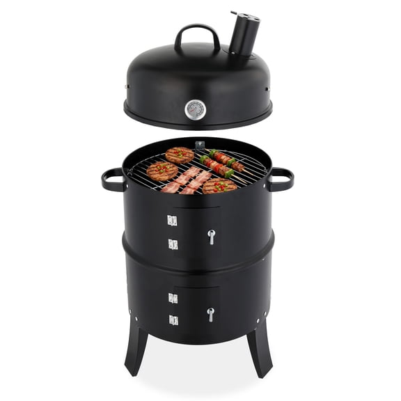 FASCKVertical 17 Inch Charcoal BBQ Smoker, 3-in-1 Portable Outdoor Grill Cooker with Built-in Thermometer for Outdoor Backyard Cooking Grilling Camping