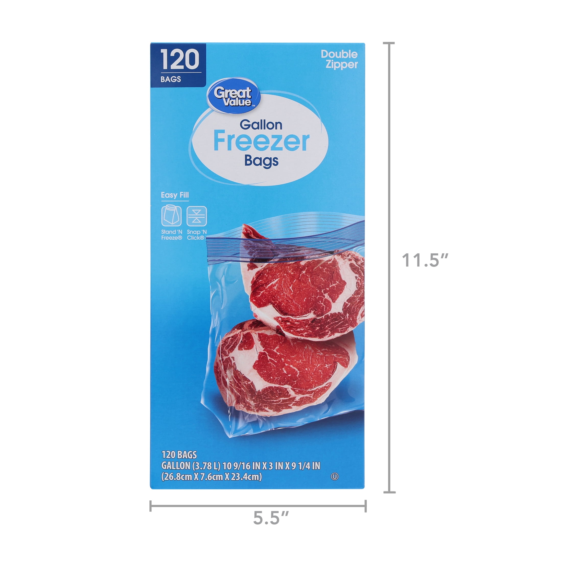 Great Value Gallon Freezer Bags with Double Zipper, 120 Count