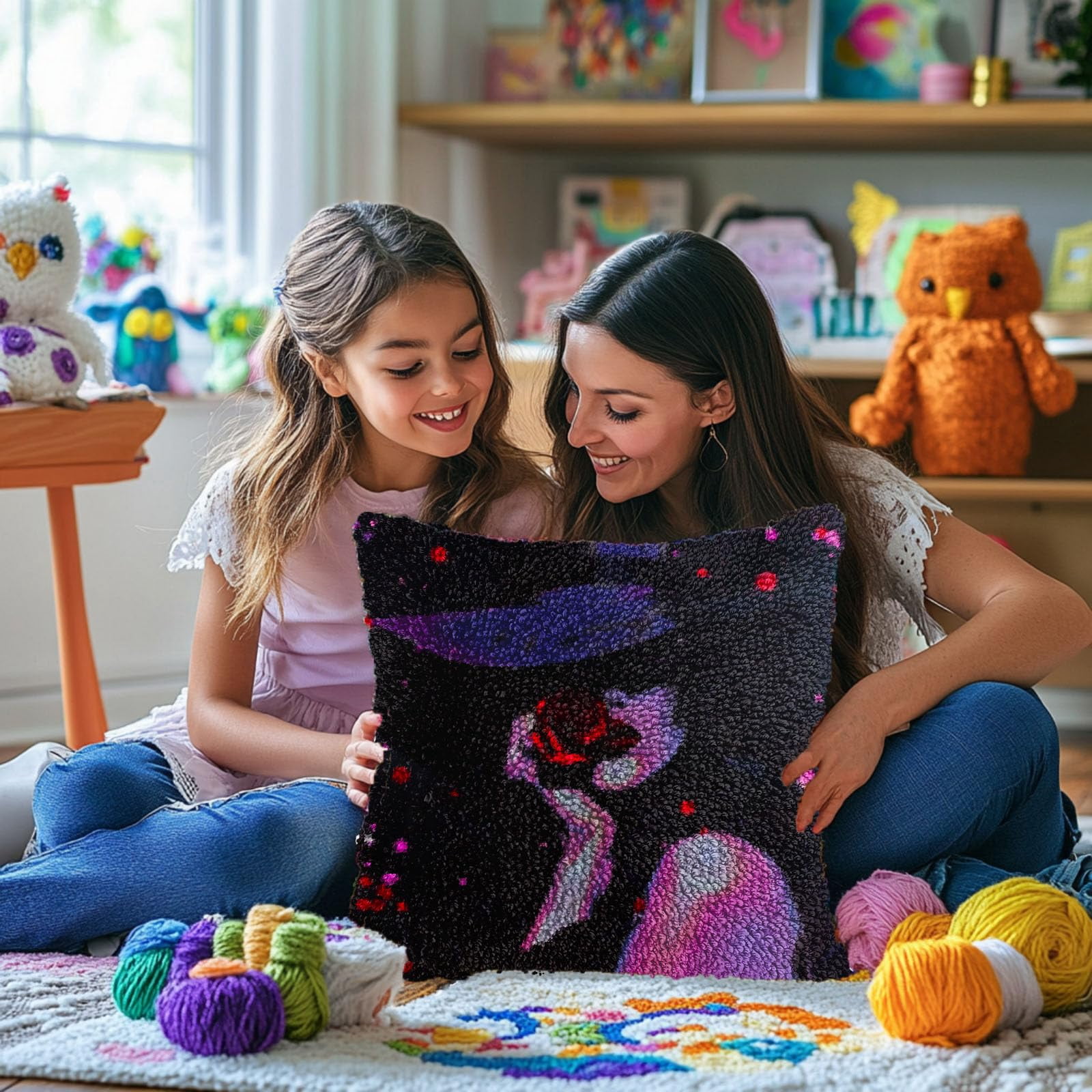 Beauty Woman Lips Rose DIY Latch Hook Pillow Kits for Adults Printed Pillowcase Crochet Yarns Hooking Handmade Pillow Cover Cushion for Home Sofa Decoration 17x17inch