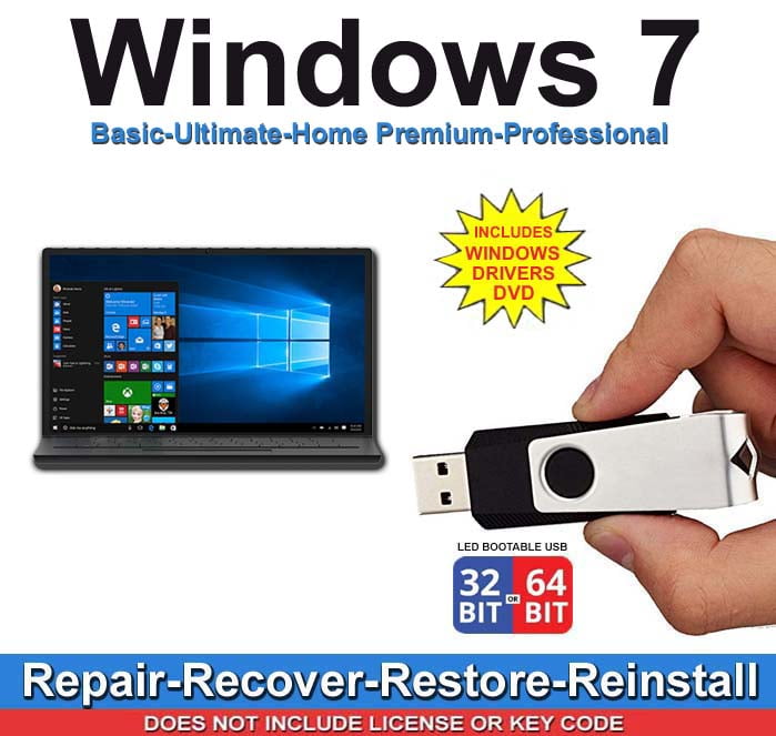 Windows 7 All Versions Professional, Home Premium, Ultimate, Basic Repair Install Restore Recover USB &amp; 2019 Drievrs