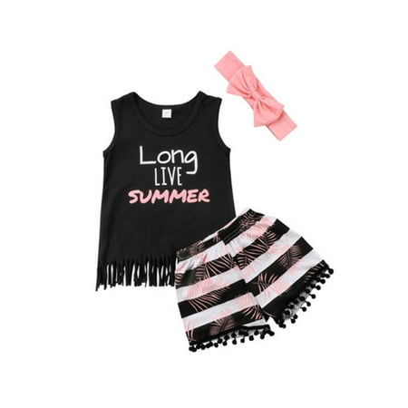 

RSRZRCJ Summer Toddler Baby Girl Clothes Set Sleeveless Tassel Letter Print Vest + Striped Shorts + Bow Hairband
