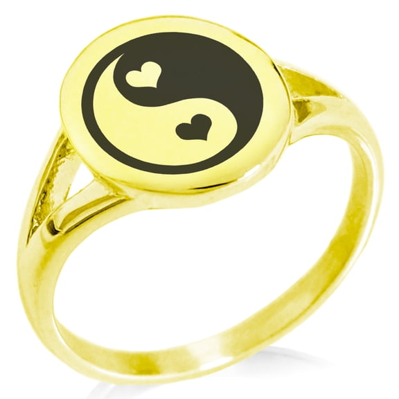 Stainless Steel Love Heart Yin Yang Minimalist Oval Top Polished Statement Signet Ring