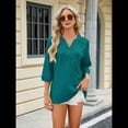 thumbnail image 4 of Blusas Elegantes e Informales para Mujer, Camisetas de 3/4 con Cuello en V y Puños Fruncidos. Azul Pavo Real M, 4 of 10