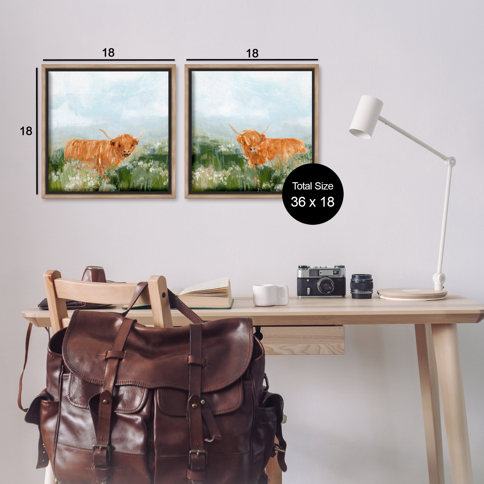 Stupell Industries Shaggy Highland Cow in Field Animals Painting Brown Floater Framed Canvas Art Print Wall Art, 18 x 18, Set of 2