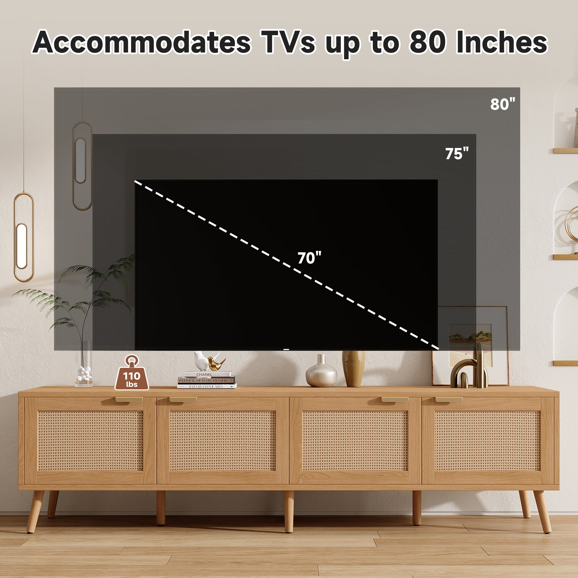 TrumanPick 70" Rattan TV Stand for TVs up to 80", Natural Wood Media Console with Cane Doors & Storage, Mid-Century Modern Entertainment Center for Living Room