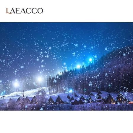 Image of Winter Village Snowflake Shiny Star Village Country Forest Night Scenic Photographic Background Photo Backdrop Photocall