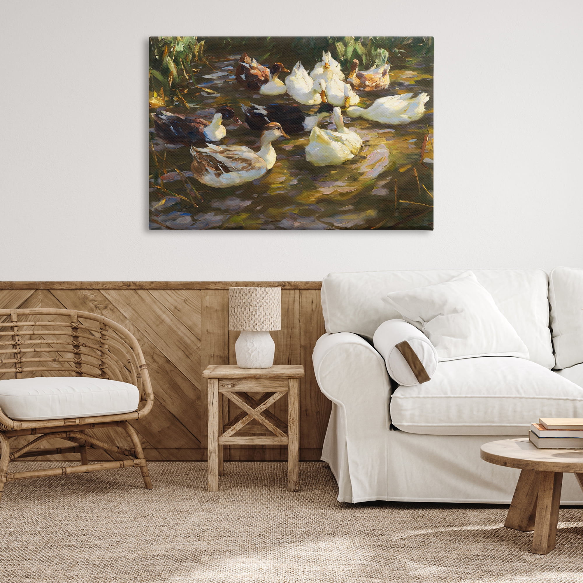 Stupell Industries Ducks in Flowing River Landscape Painting Gallery Wrapped Canvas Art Print Wall Art, 45 x 30