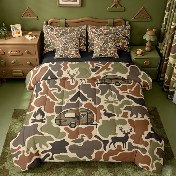 Catabedysis Rustic Camo Camping 7-Piece Twin Bedding,Jungle Animal Deer Bear Bedding Comforter Set For Boys,Green Brown,Black Reversible