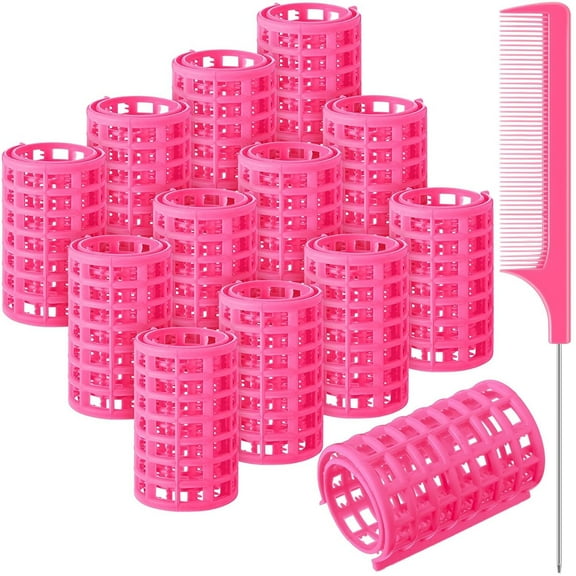 12Pcs Snap Hair Rollers Small Pink Curlers with Rat Tail Comb for Styling Tools