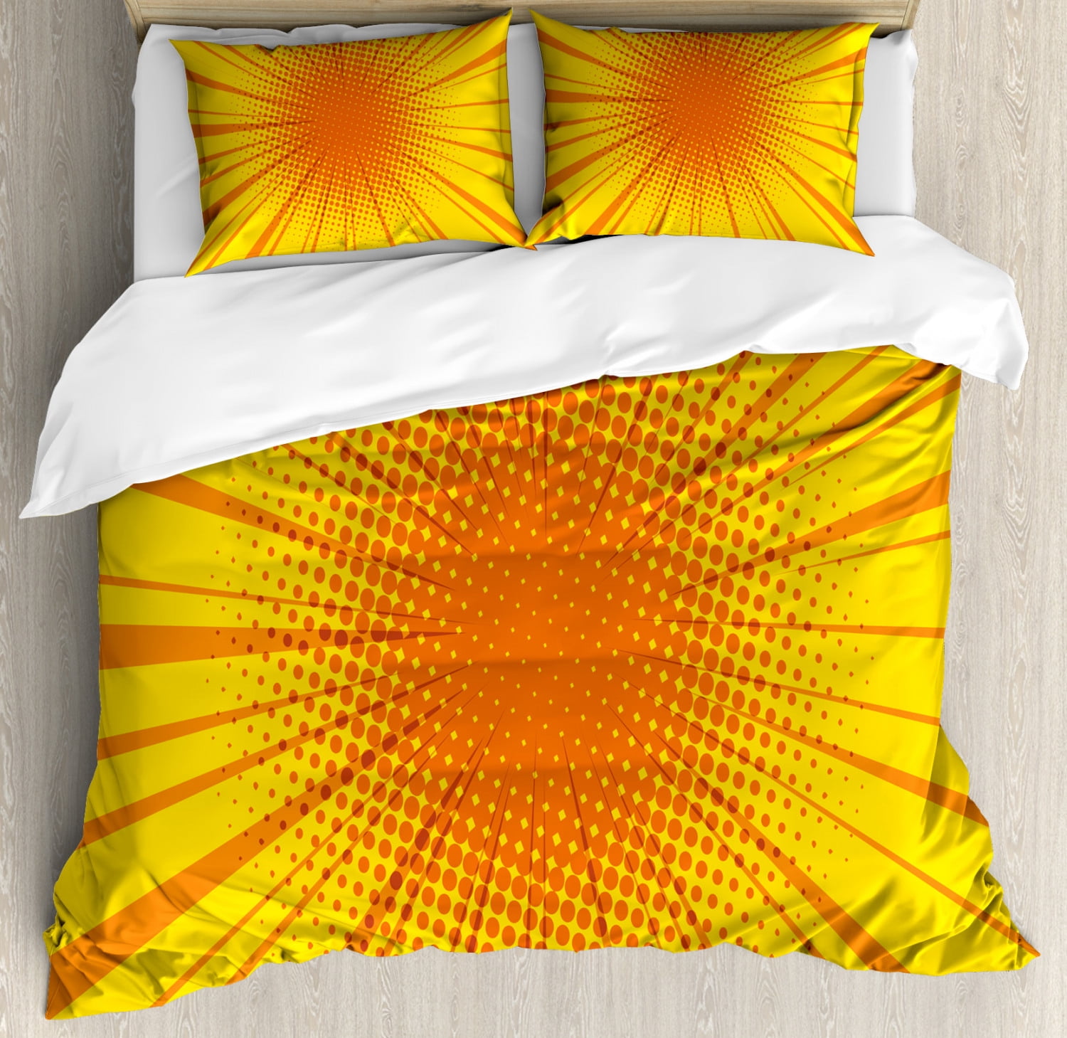 Vintage Yellow King Size Duvet Cover Set Sun Burst With Halftone