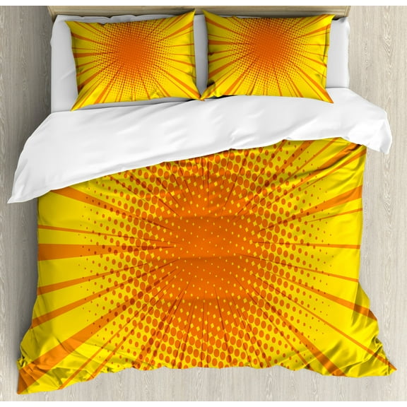 Vintage Yellow Queen Size Duvet Cover Set, Sun Burst with Halftone Effect Comic Book Style and Pop Art Design, Decorative 3 Piece Bedding Set with 2 Pillow Shams, Orange and Yellow, by Ambesonne