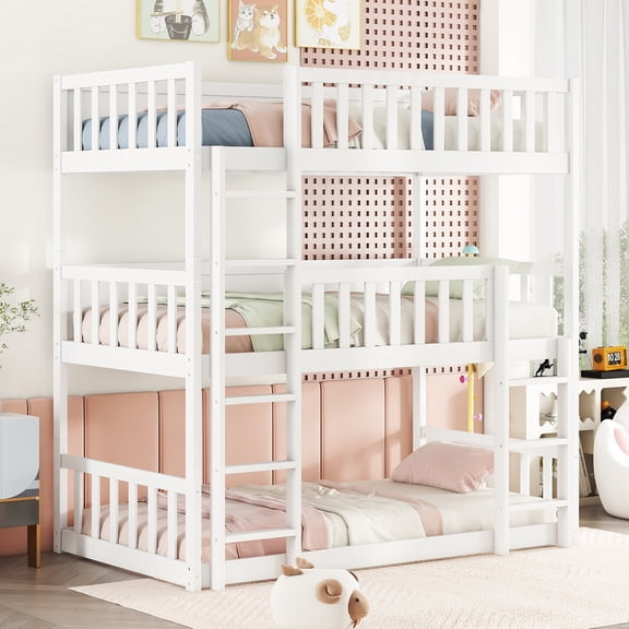 Leumius Twin over Twin over Twin Size Triple Bed Frame with Ladders and Guardrails,Detachable Bunk Bed for Boys Girls White