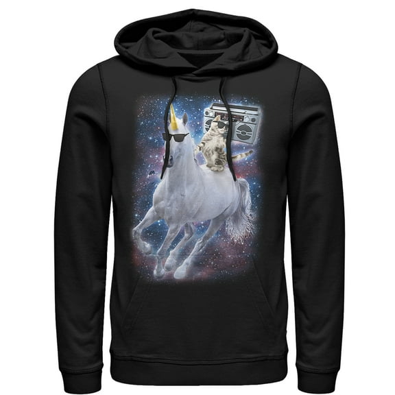 Men's Lost Gods Boombox Cat and Unicorn Space Song  Pull Over Hoodie Black 2X Large