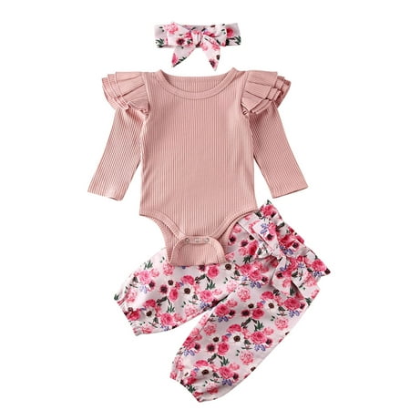 

Newborn Toddler Girls 3 Piece Sets Clothes Outfit Solid Ruffles Long Sleeve Romper Bodysuit Floral Pants Leggings Baby Headband Clothing for 0-24 Months baby