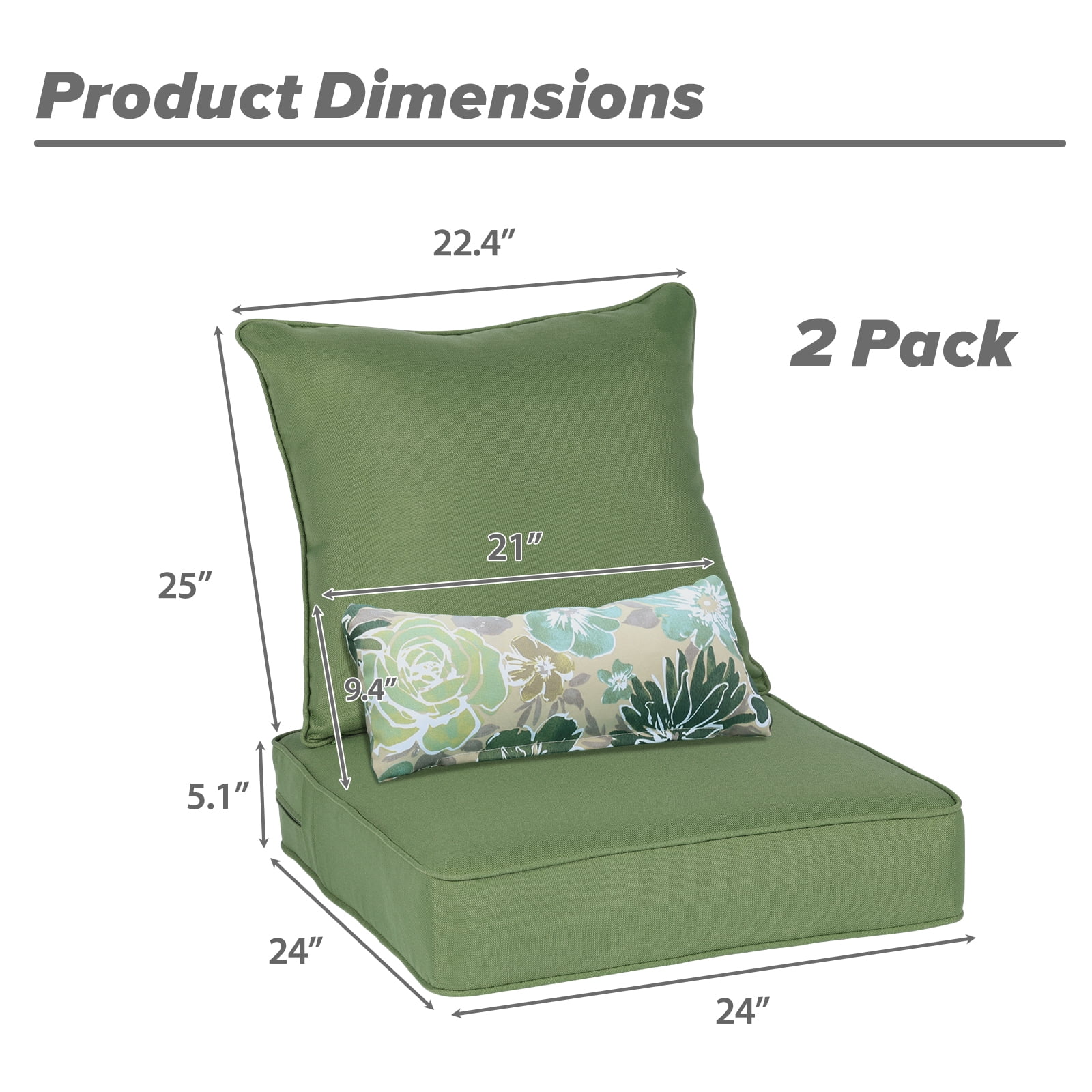 BPS 24x24x5 inch Outdoor Deep Seat Cushion, Water-Resistant Patio Furniture Cushions for Outdoor Chairs, Sofa, Couch, 2-Piece, Moss Green