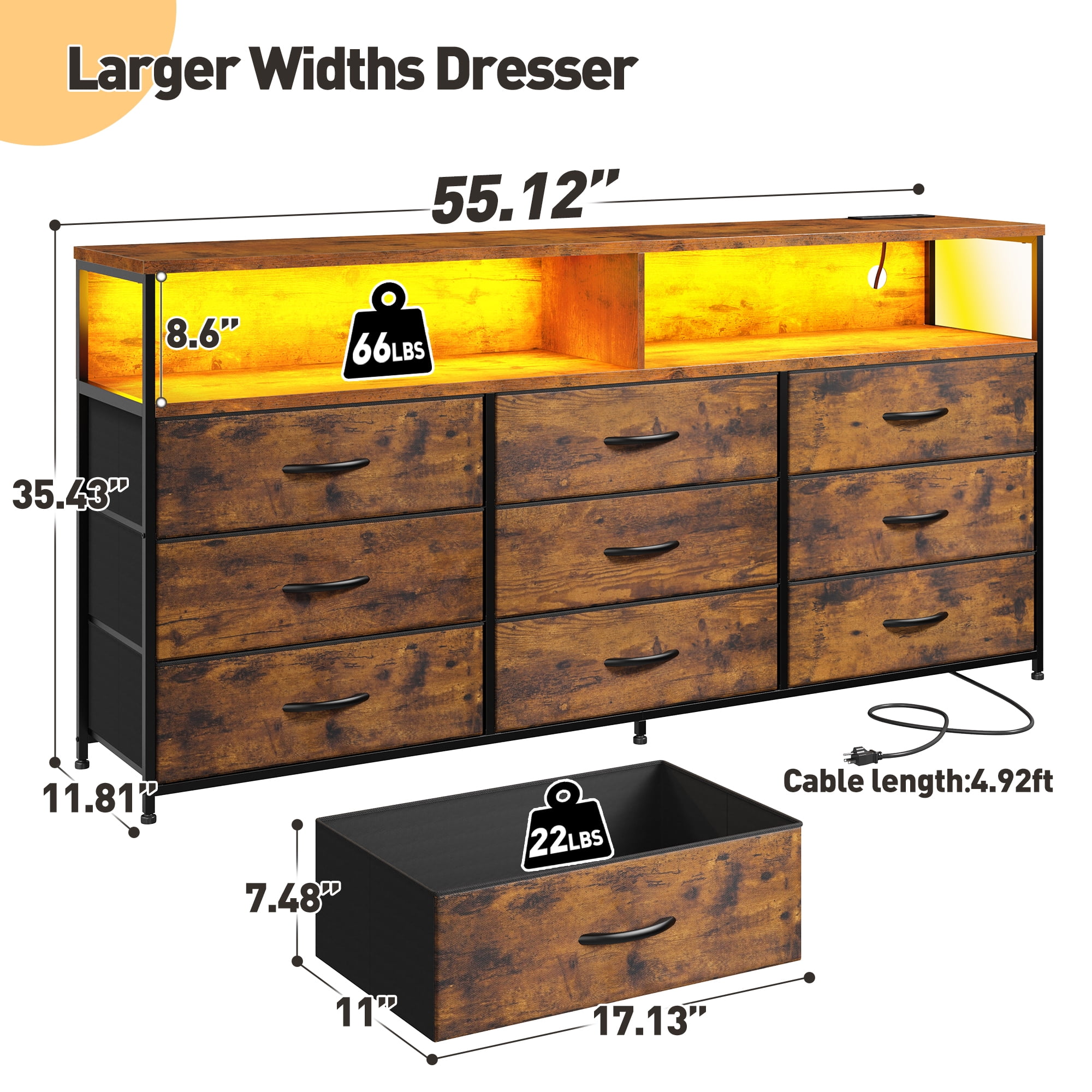 EnHomee 55” Long Dresser with Power Outlet & LED Lights TV Stand, 9 Fabric Drawers, Rustic Brown