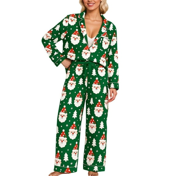 Christmas Pajamas 100% Cotton Womens Pajamas Set 2 Piece Soft Button-Down Xmas PJs Set Sleepwear Loungewear S-XL