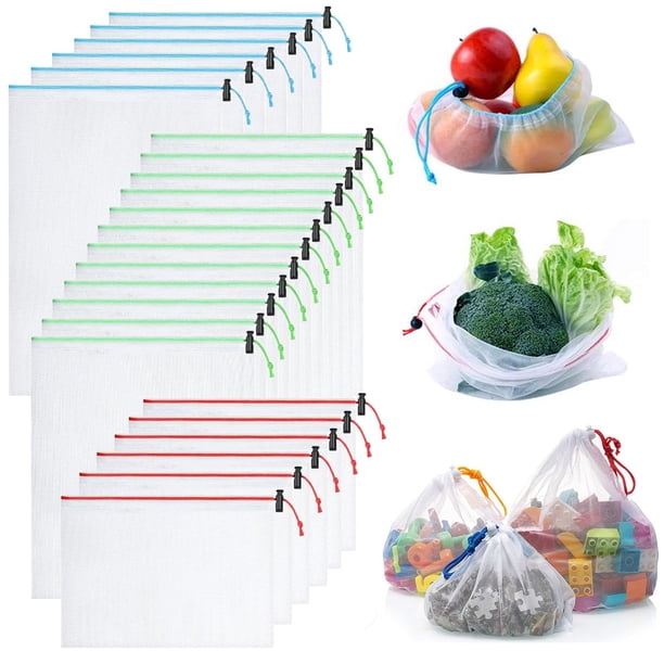24 PCS bolsas reutilizables de malla para frutas y verduras, Bolsas de Tela Malla, bolsas para supermercado gran, transpirable y lavables, Almacenamiento frutas, vegetales y juguete