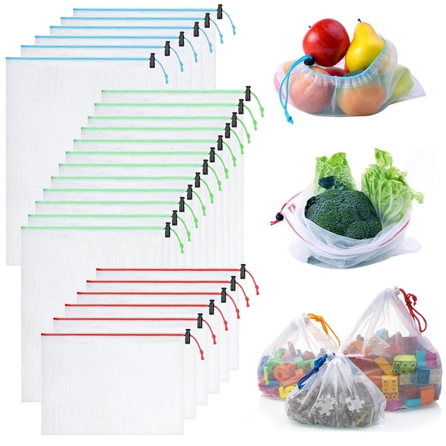 24 PCS bolsas reutilizables de malla para frutas y verduras, Bolsas de Tela Malla, bolsas para supermercado gran, transpirable y lavables, Almacenamiento frutas, vegetales y juguete