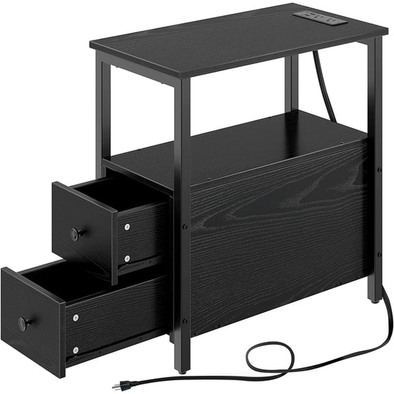 End Table with Charging Station, Narrow Side Table with 2 Wooden Drawers, USB Ports and Power Outlets, Nightstand Sofa Table for Small Spaces, Living Room, Bedroom, Black