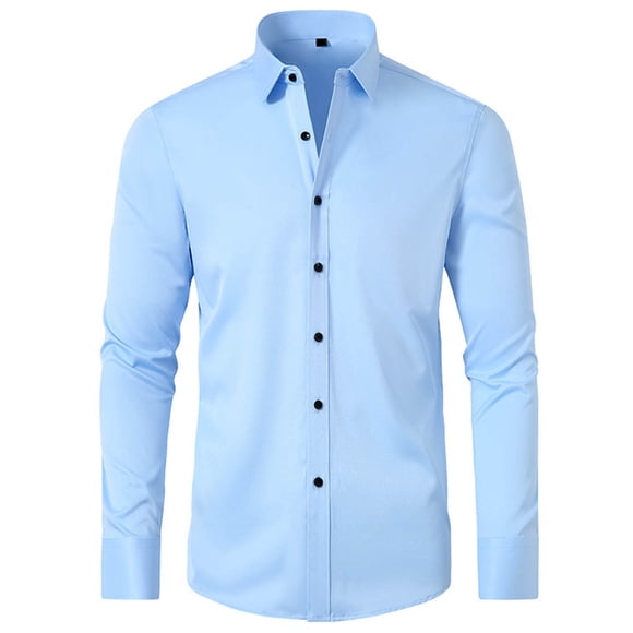 yardsong Men's Slim Fit Wrinkle Free Dress Shirt - Stretchy Long Sleeve Lapel Solid Business Casual Work Shirt Blue,S