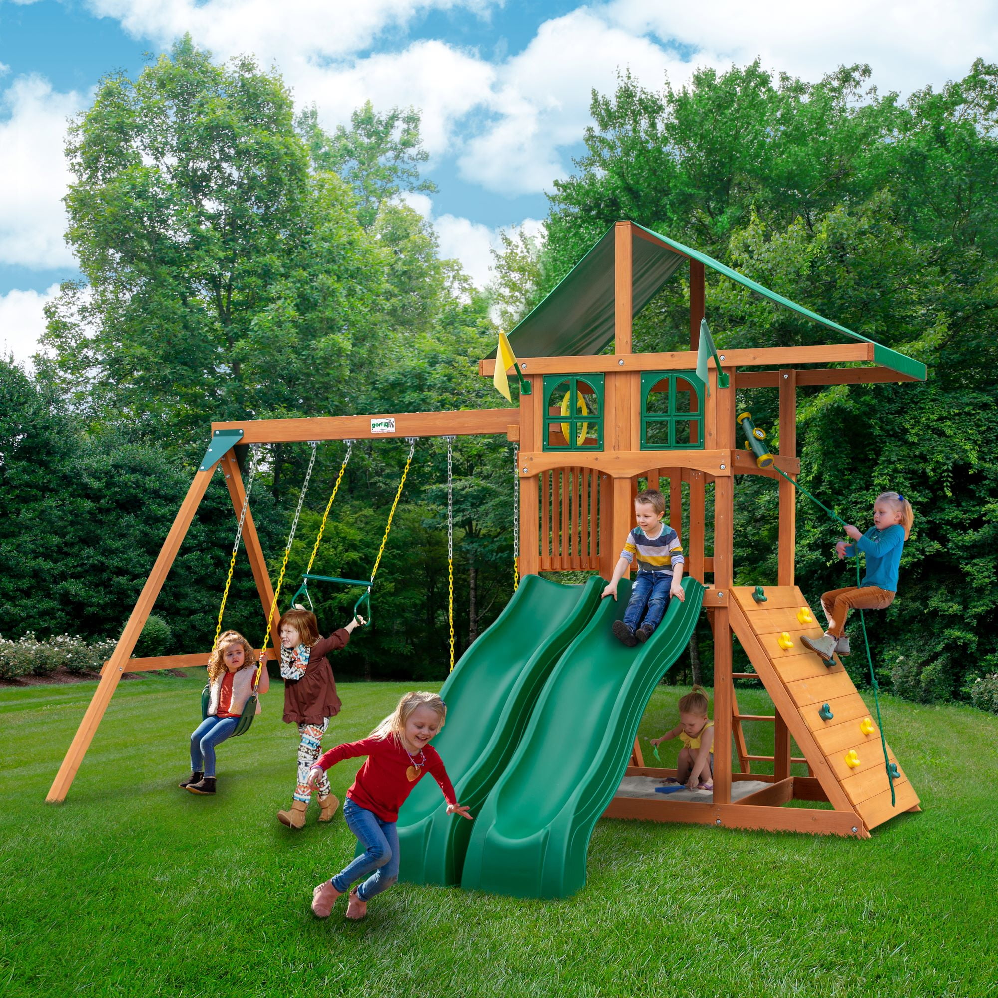 Gorilla Playsets 01-1086 Avalon Treehouse Wooden Swing Set Oversized Green Vinyl Canopy Roof, Two Slides, Climbing Wall, Ladder, and Swings