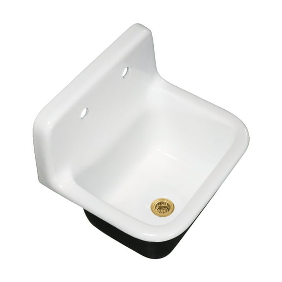 Kingston Brass Petra Galley KGCKWS2218227 Cast Iron Single Bowl Wall Mount Kitchen Sink with 2-Hole Drain and Strainer, White/Brushed Brass