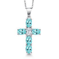Gem Stone King 925 Sterling Silver Blue Apatite and White Topaz Cross Pendant Necklace for Women | 3.22 Cttw | Gemstone Birthstone | Oval 6X4MM | With 18 inch Chain