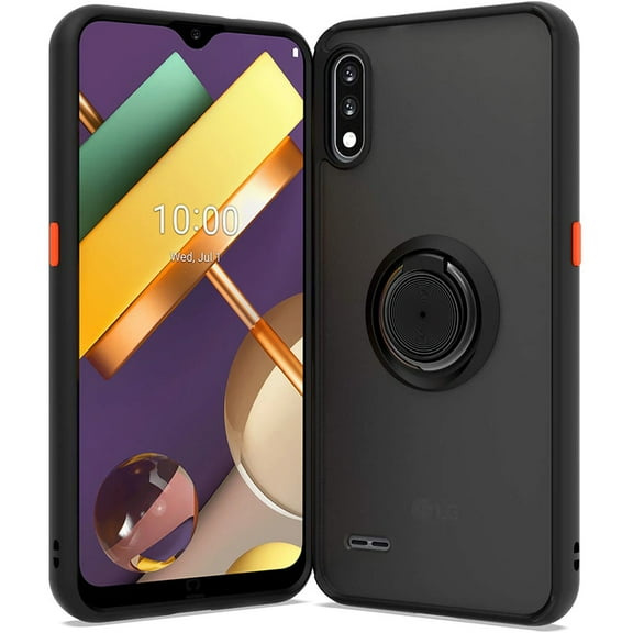 For LG K22 / K22 Plus / K32 / LMK200 Impact Metal Ring Holder Stand Magnetic Car Mount Protective Hybrid Case Cover Black