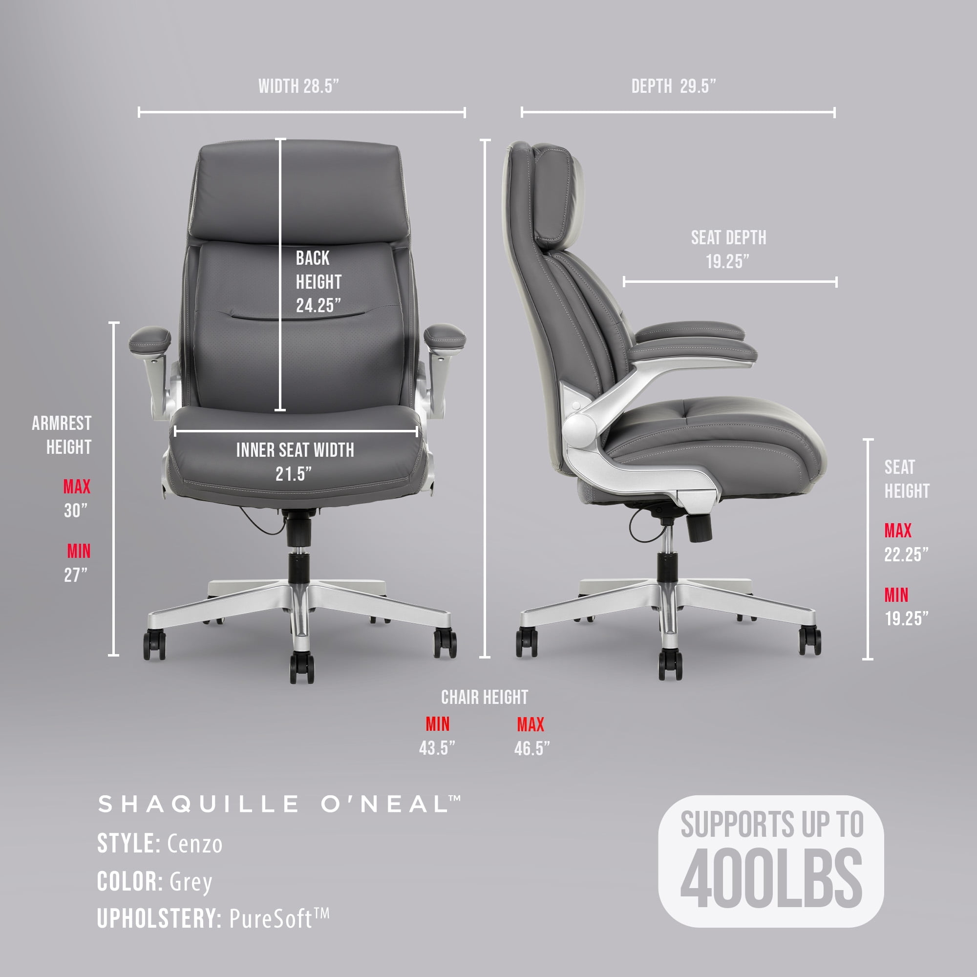 Shaquille O'Neal Cenzo Ergonomic Big and Tall Office Chair ,Flip-Up Arms PureSoft Upholstery High-Back Desk Chair with 400 lb Capacity, Gray