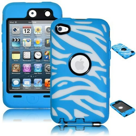 Black White Zebra Silicone iPod Touch 4 Case, Bastex Heavy Duty Hybrid Black Inner Case Blue and White Zebra Design Outer Silicone Cover for Apple iPod Touch 4 ()