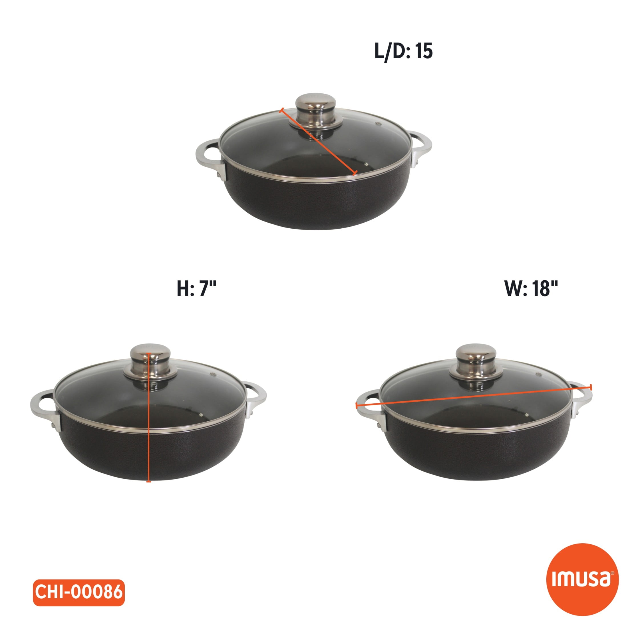 IMUSA 13.5qt Charcoal Aluminum Nonstick Caldero with Glass Lid, Black