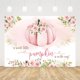 thumbnail image 2 of Fondo de baby shower de calabaza rosa otoñal para niña. Una pequeña y dulce calabaza está en camino. Decoraciones para fiesta. Fondo de fotografía floral en rosa ruborizado y dorado otoñal. Banner., 2 of 3