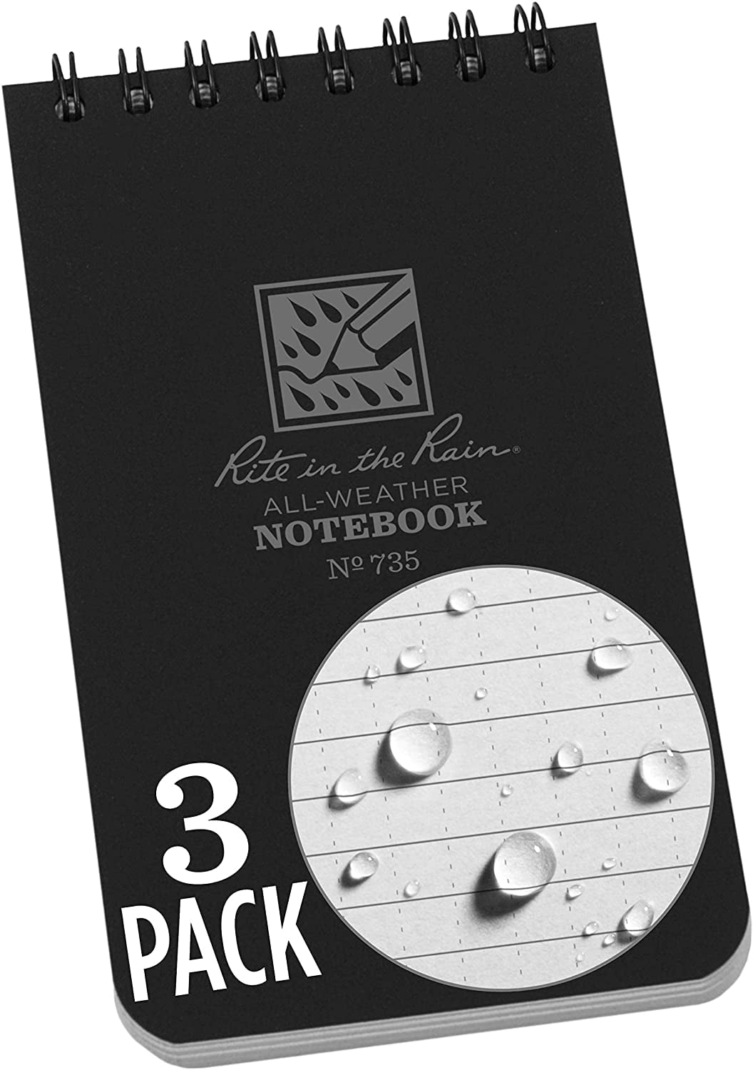Rite in the Rain Weatherproof Top Spiral Notebook 3" x 5" Black Cover Univers...