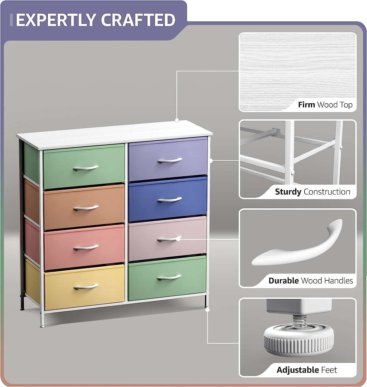 Sorbus Kids 8-Drawer Dresser Storage Tower, Steel Frame, Wood Top, Multi Pastel 2
